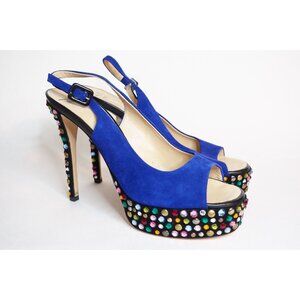 Giuseppe Zanotti Design Blue Suede Peep Toe Bejeweled Platform Heels, Size 9 US